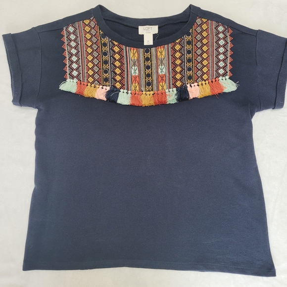 LOFT Tops - LOFT Navy Tee with Multicolor Embroidery